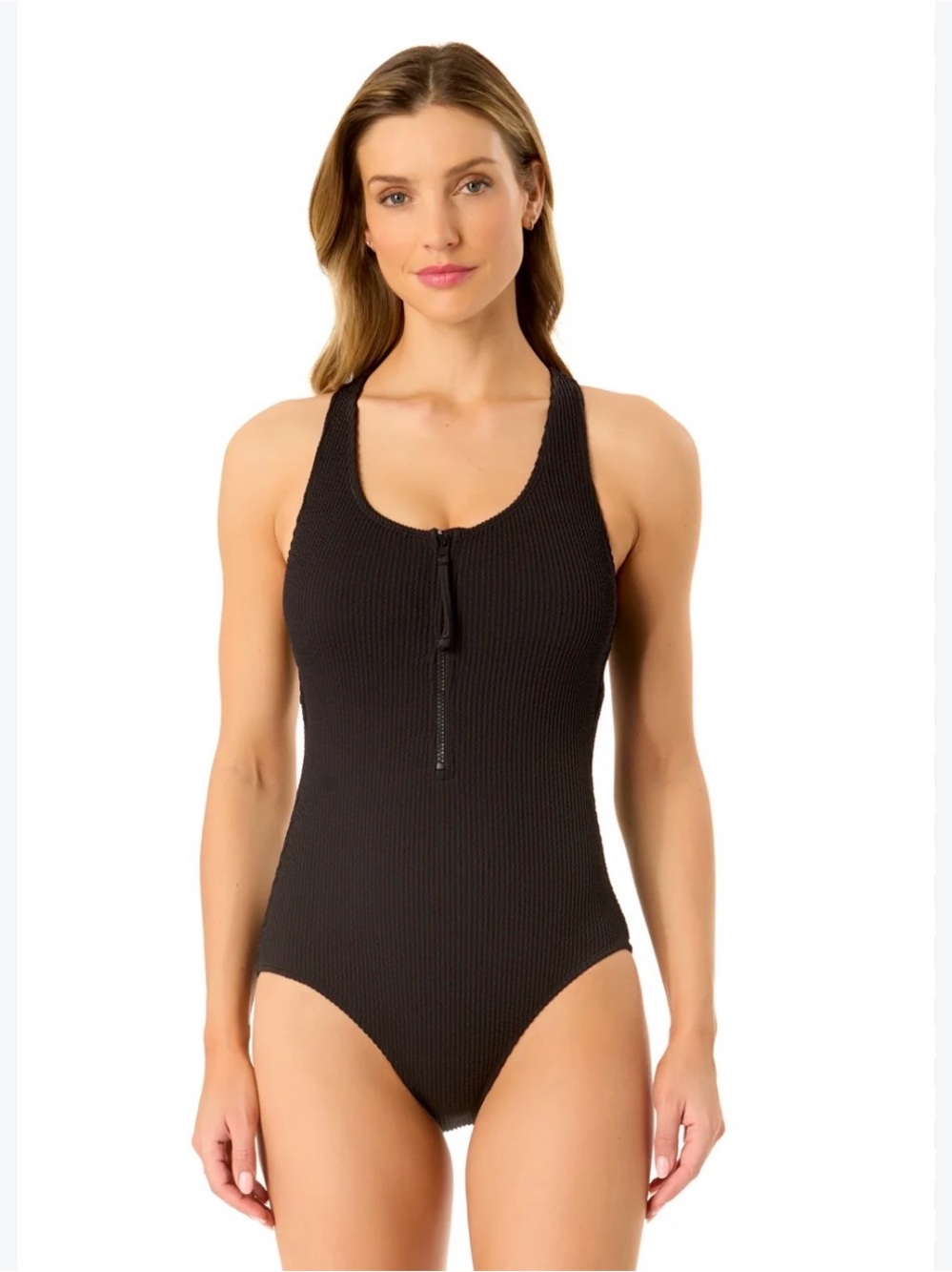 Anne Cole Classic Black Ribbed Zip-Front One-Piece Swimsuit
